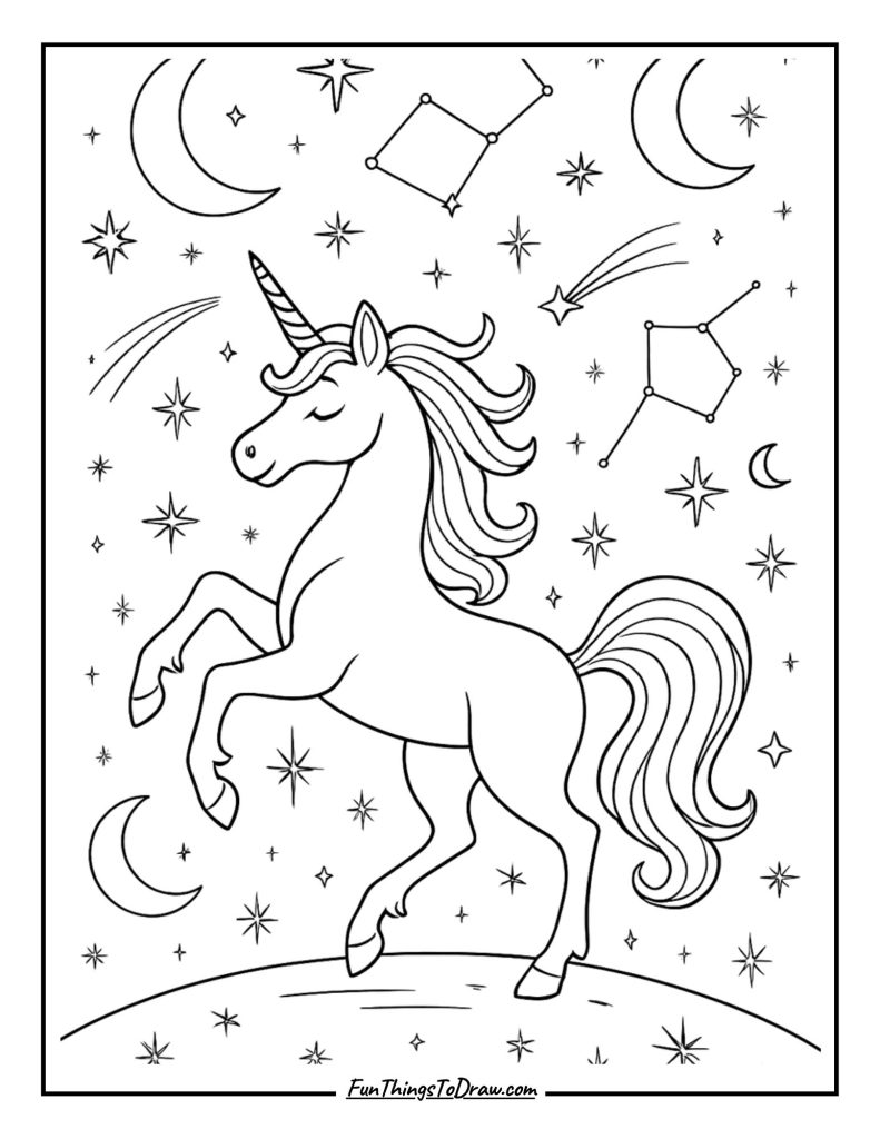 Starry Night Unicorn Coloring Page
