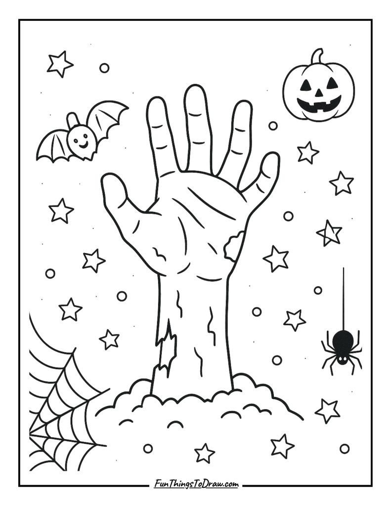 Zombie Hand Coloring Page to enjoy Halloween