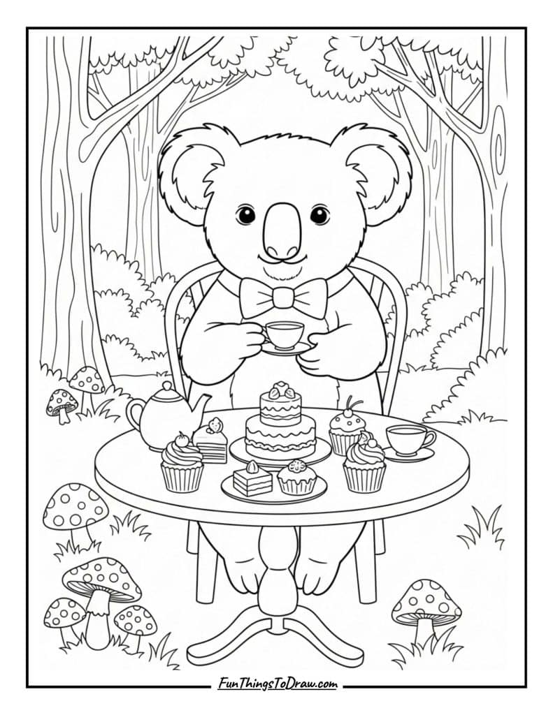 Koala at a Tea Party Coloring Page