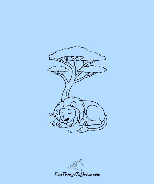 Drawing of a lion sleeping under tree