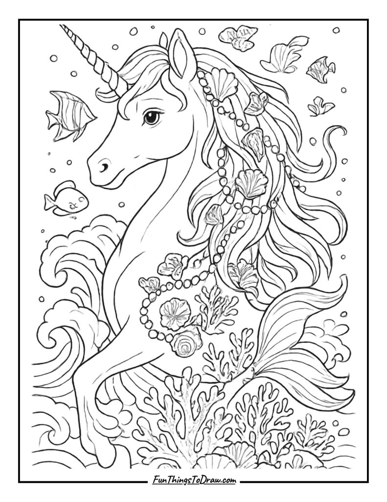 Ocean Wave Unicorn Coloring Page