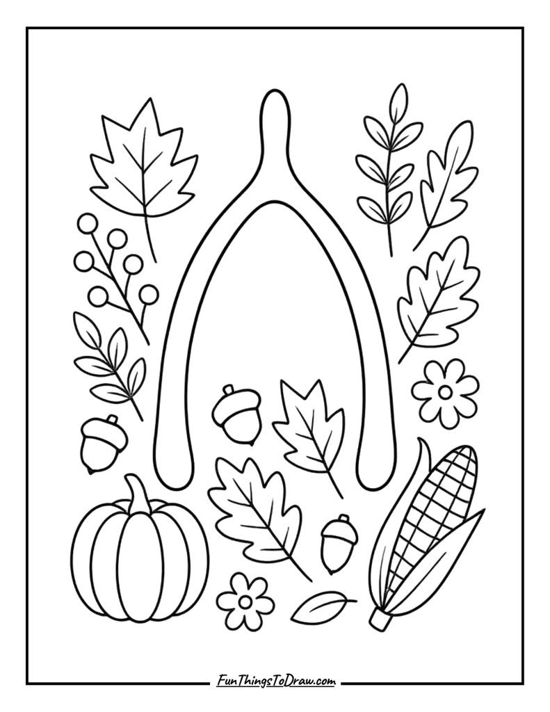Coloring sheet of Thanksgiving wishbone with decorative elements