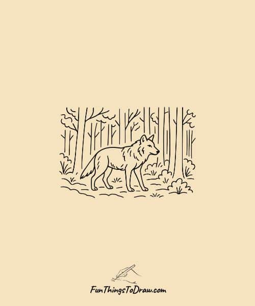 Drawing of Wolf in Forest