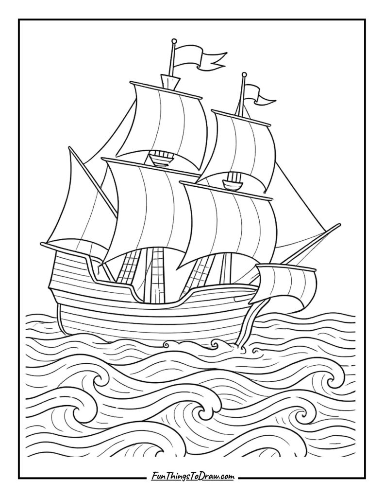 Mayflower ship sailing across detailed ocean waves coloring page