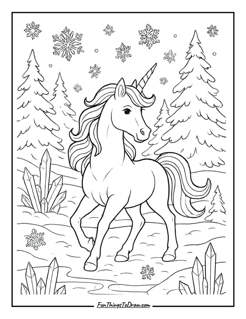 Unicorn in Winter Wonderland Coloring Page