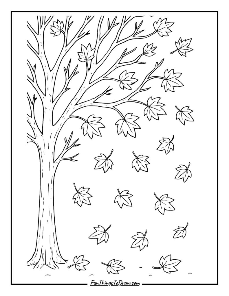Autumn leaves falling from detailed tree branches coloring page