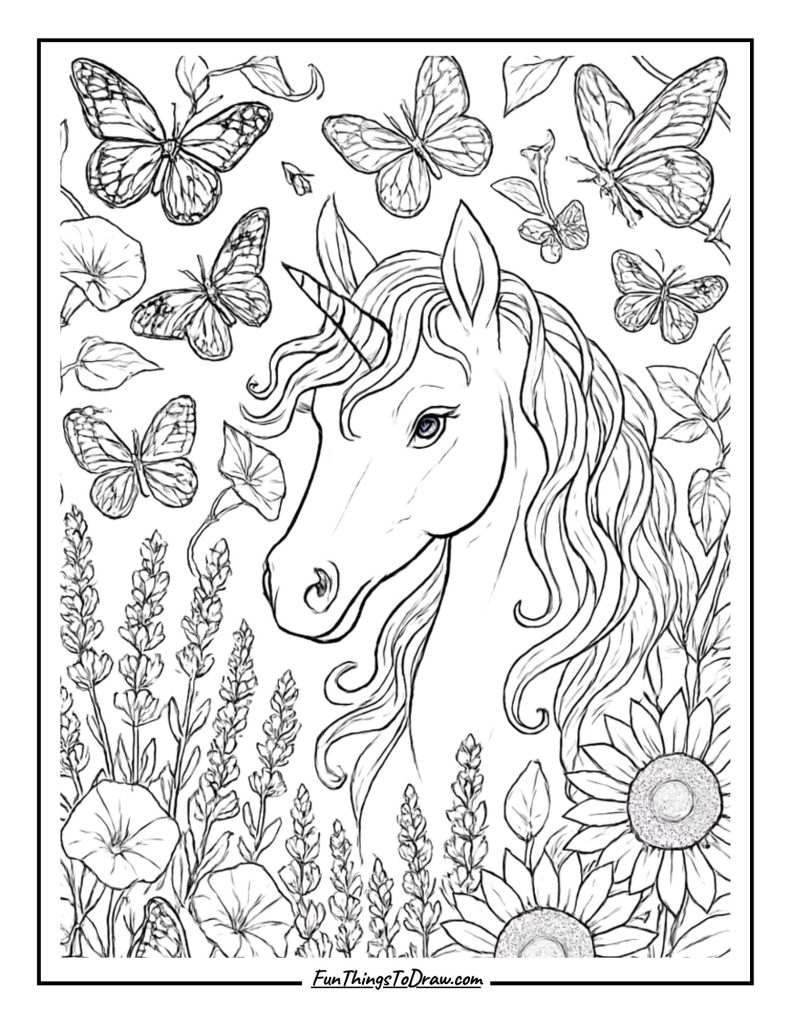 Butterfly Garden Unicorn Coloring Page