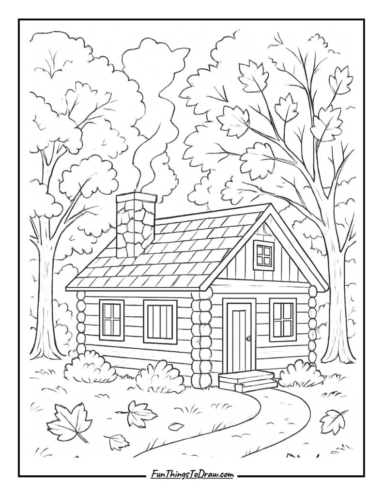Cozy Autumn Cabin Coloring Page