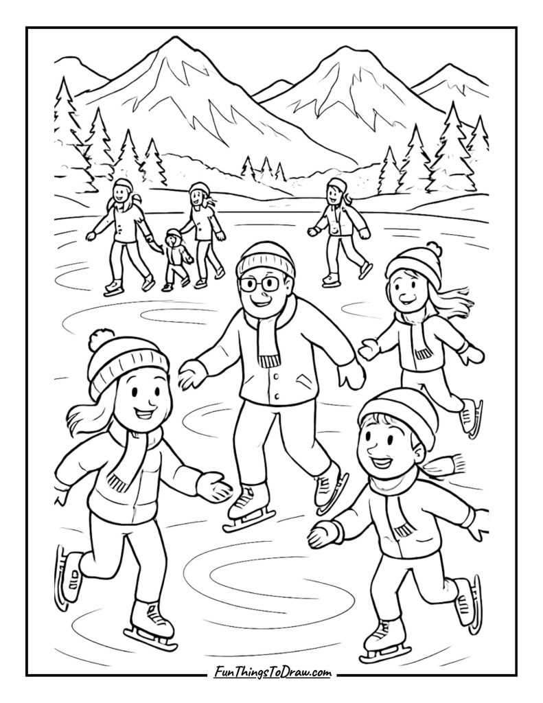 Coloring Page of Ice Skating on a Frozen Lake