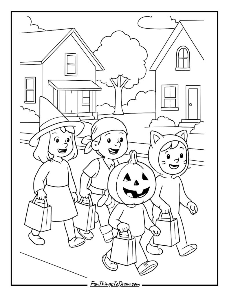 Trick-or-Treaters coloring page