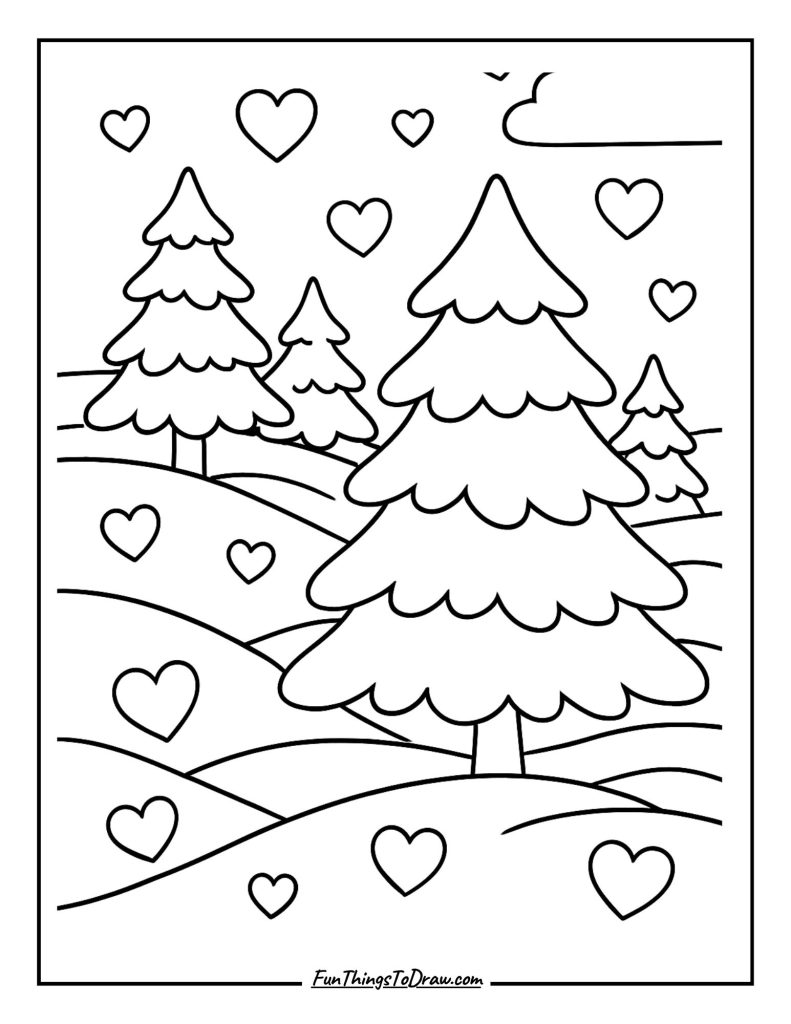 Winter Landscape with Hearts Coloring Page
