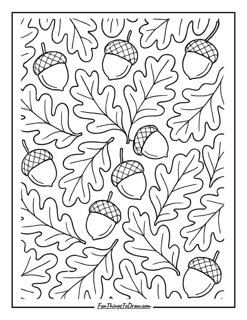 Acorns and oak leaves scattered across the page coloring page