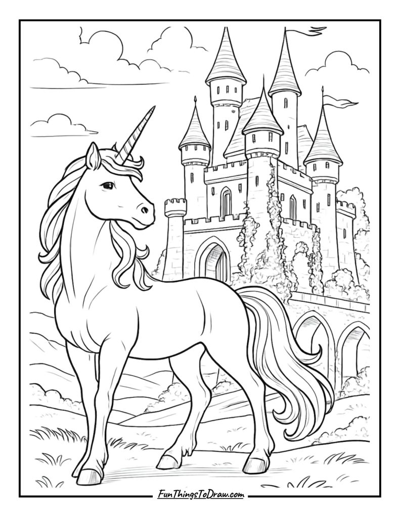 Castle Tower Unicorn Coloring Page