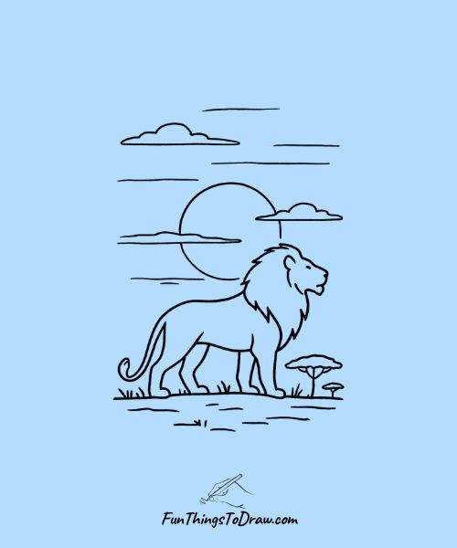 Drawing of Lion in Savanna Sunset