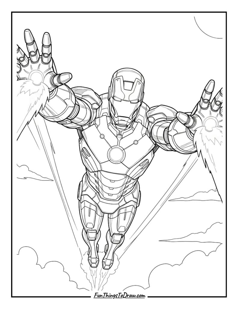 Iron Man flying with repulsor beams
