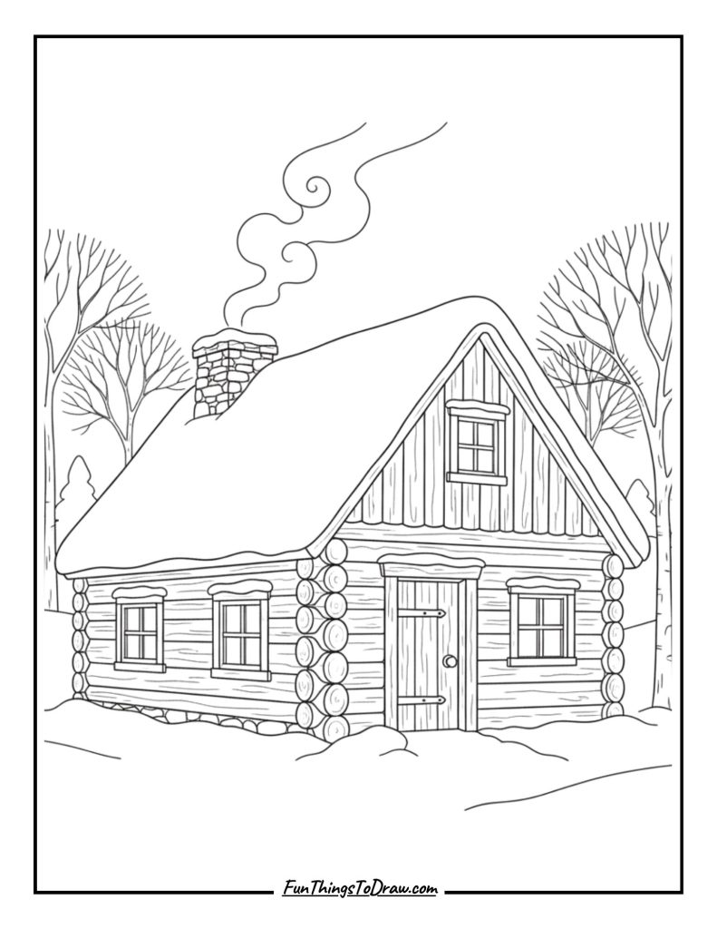 Snow-covered log cabin with chimney smoke