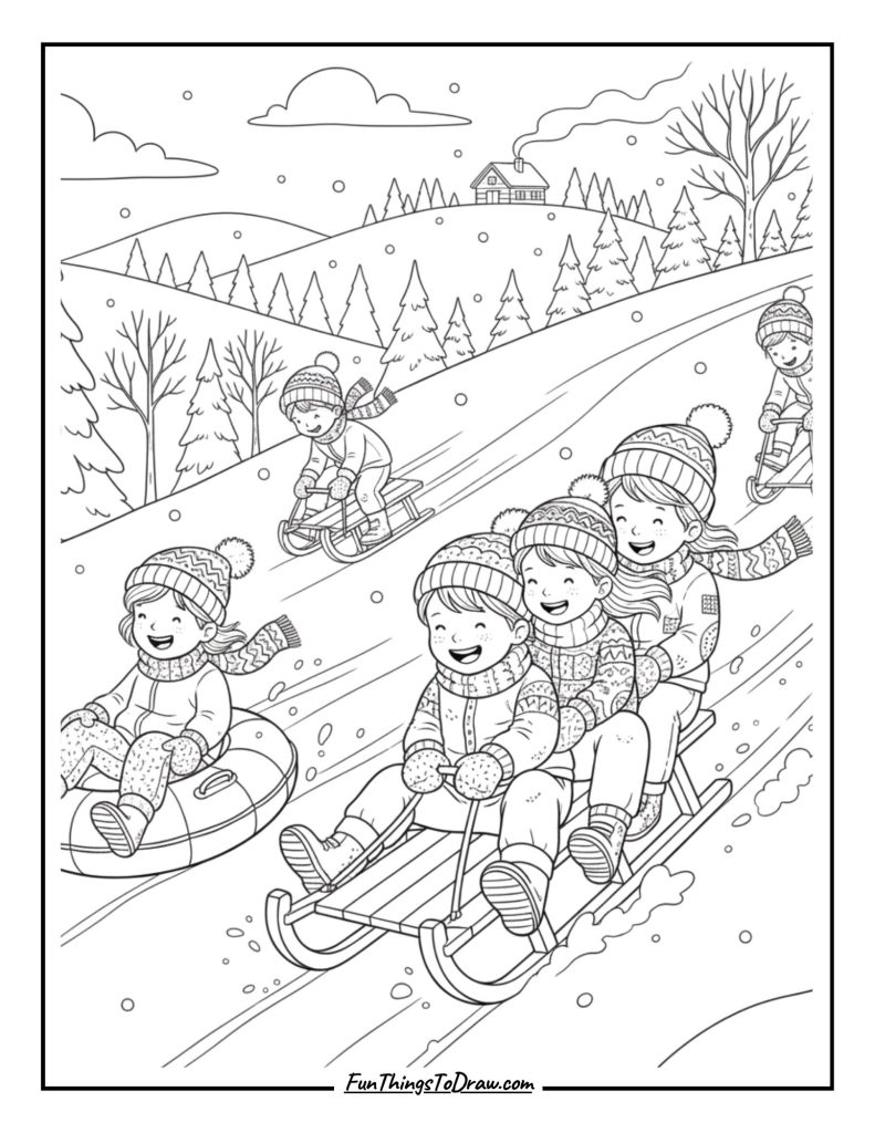 Sledding down snowy hill