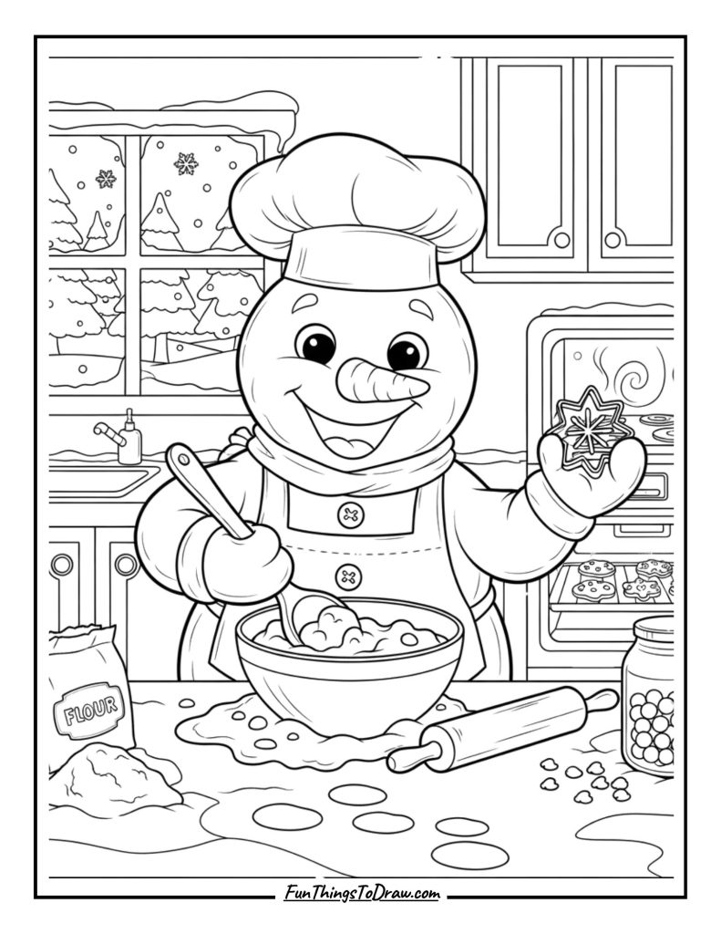 Snowman baking cookies in a snowy kitchen scene