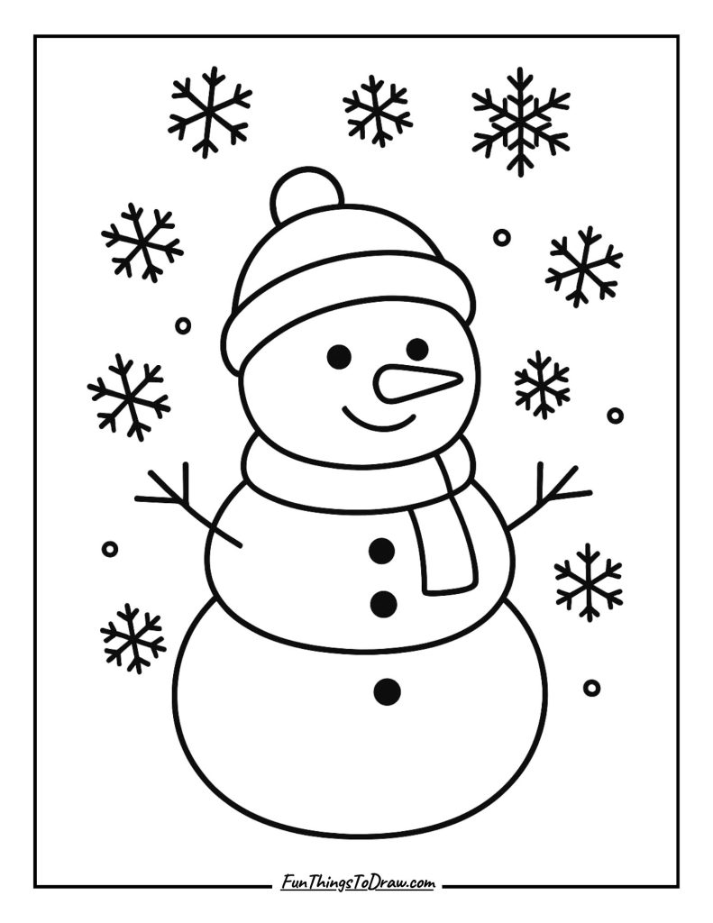 Snowman surrounded by falling snowflakes