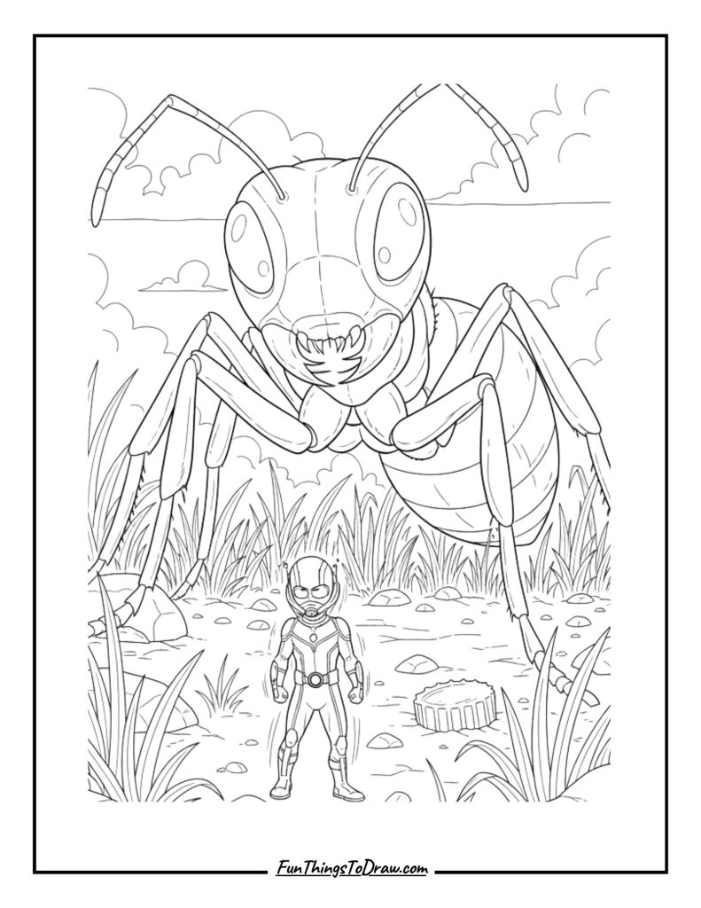 Ant Man shrinking beside giant ant