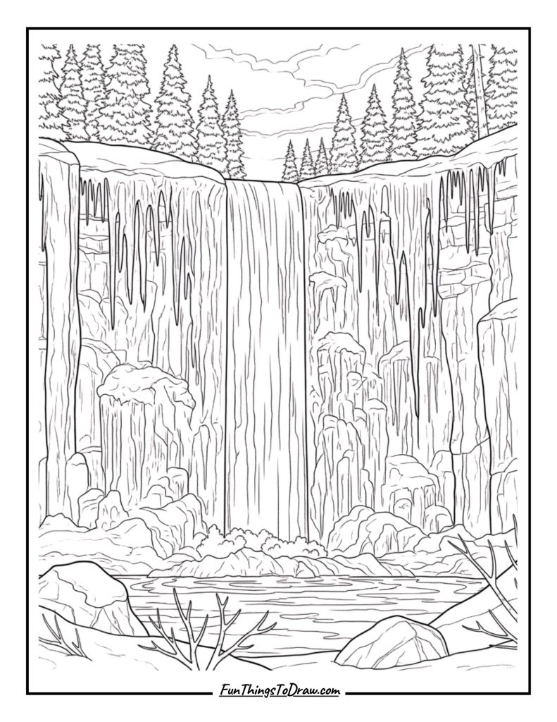 Frozen waterfall with ice formations