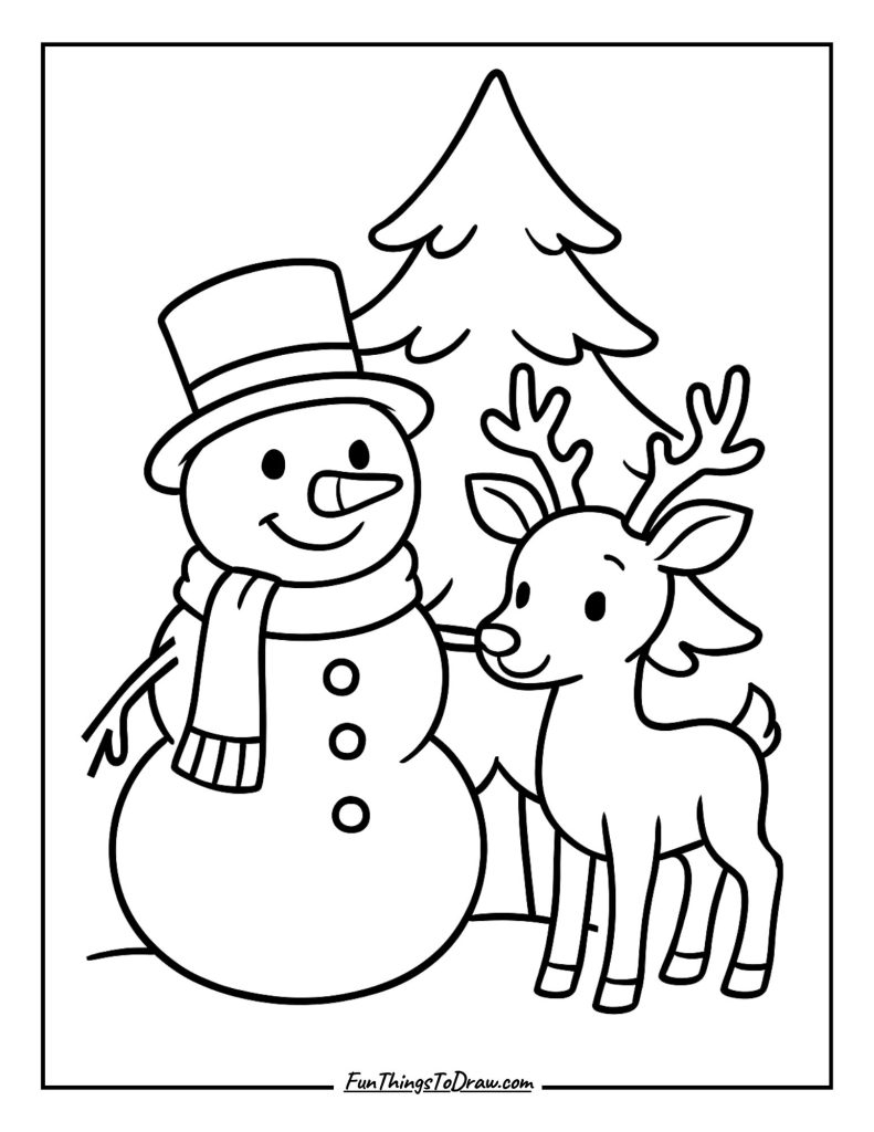 Snowman with reindeer beside a pine tree