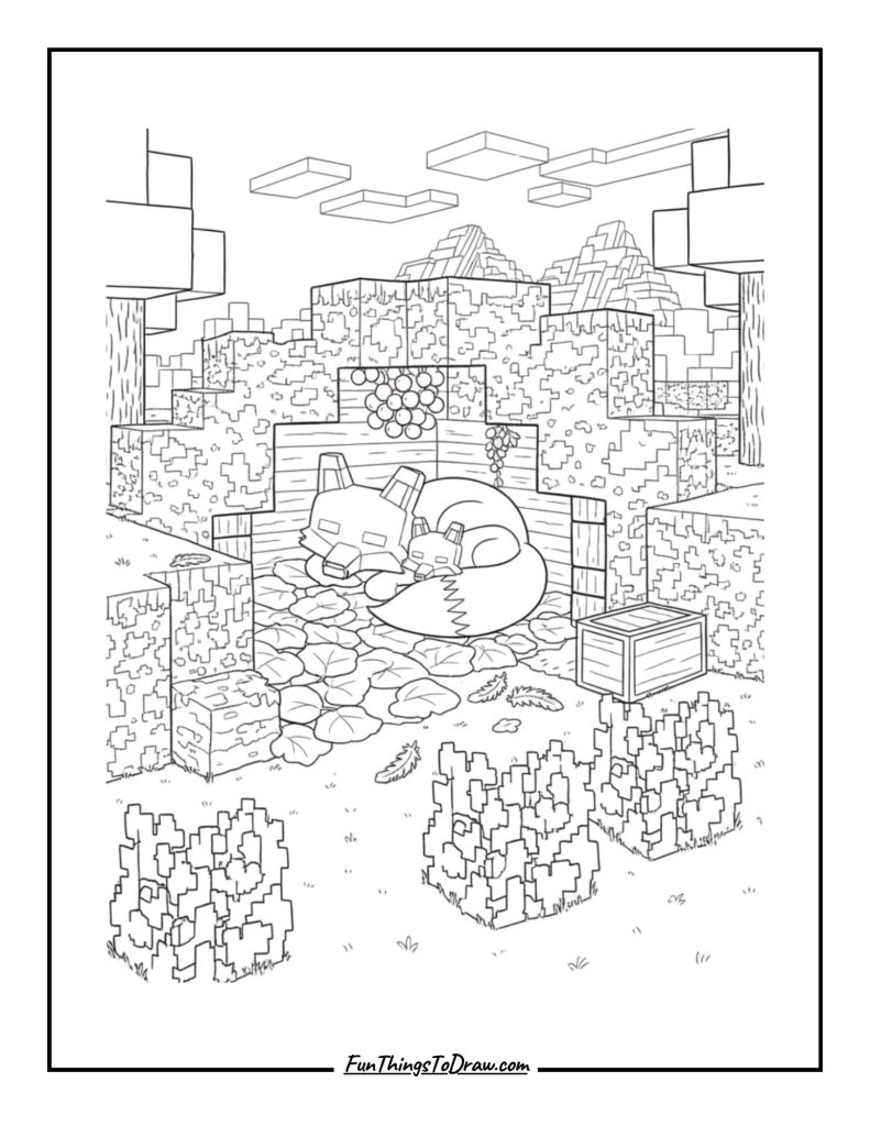 Fox family sleeping in a den