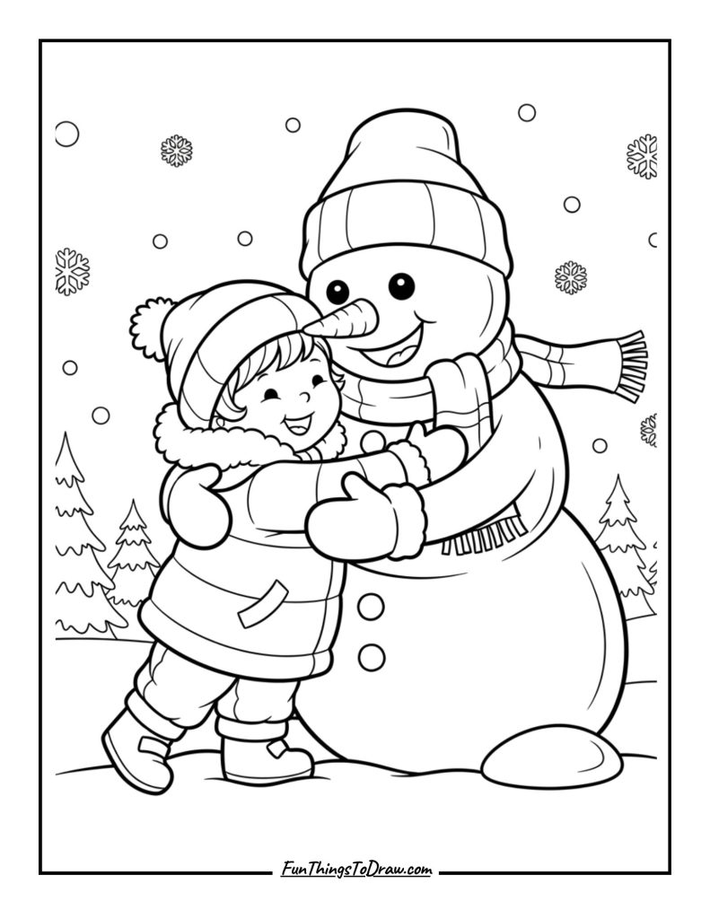 Snowman hugging a little child in winter coat
