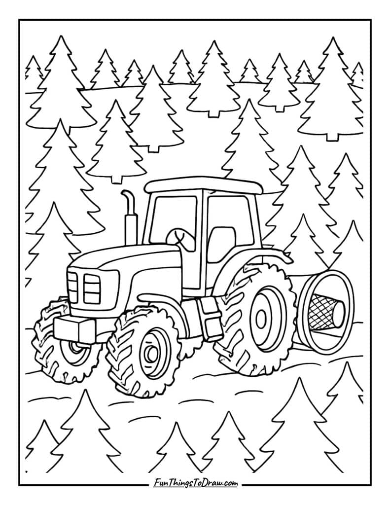 Christmas tree farm tractor with netting
