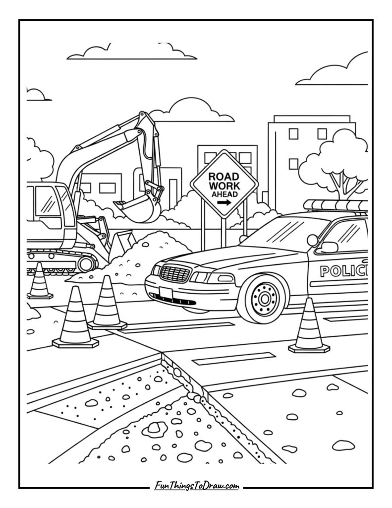 Police Car beside Road Construction
