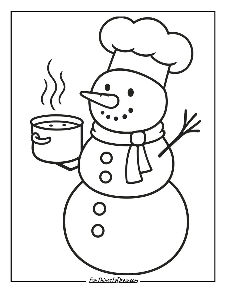 Snowman as a chef holding a soup pot