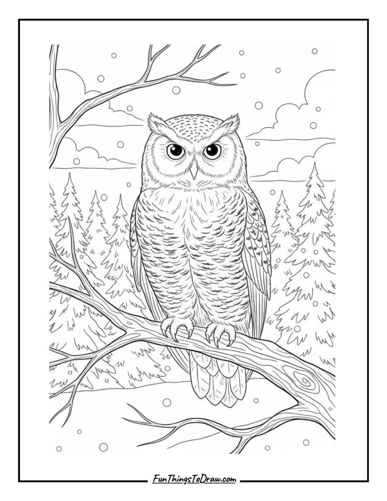 Owl perched on bare branch