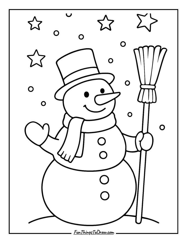 Snowman holding a broom under the starry sky