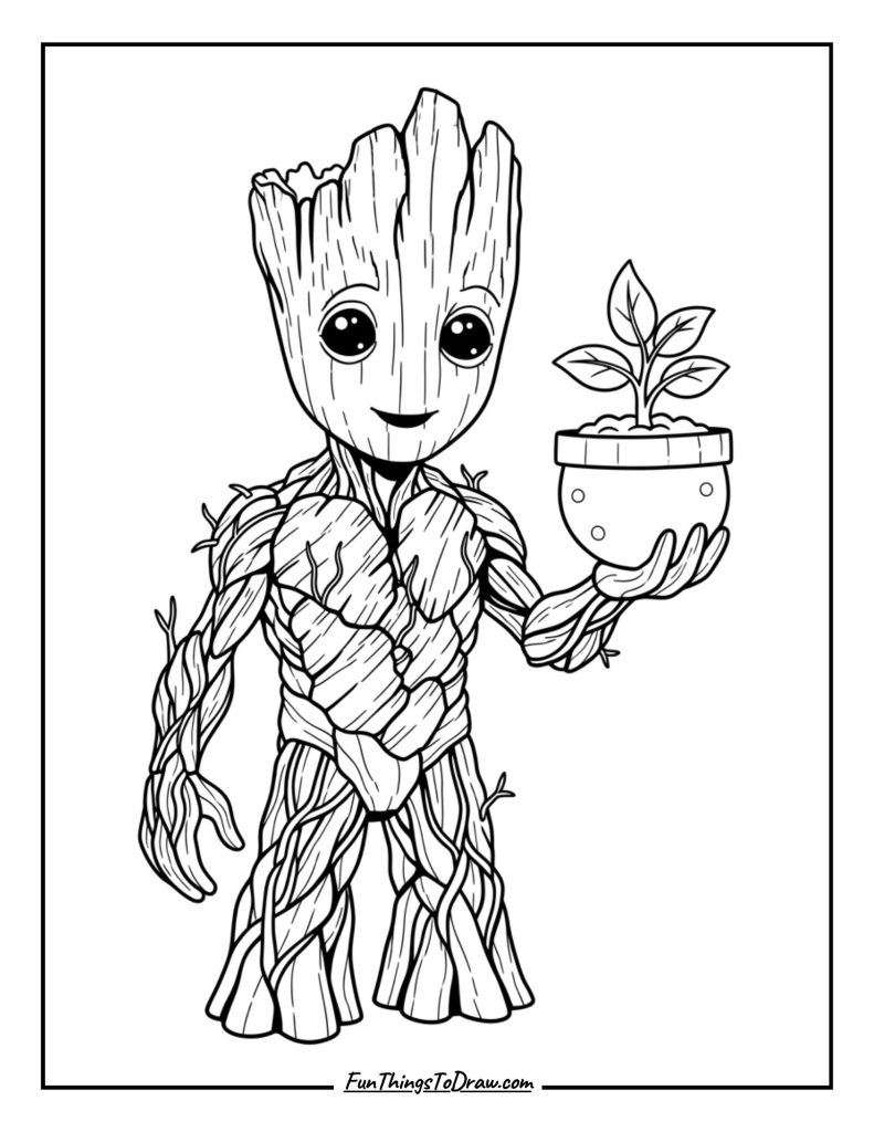 Groot holding small flower pot