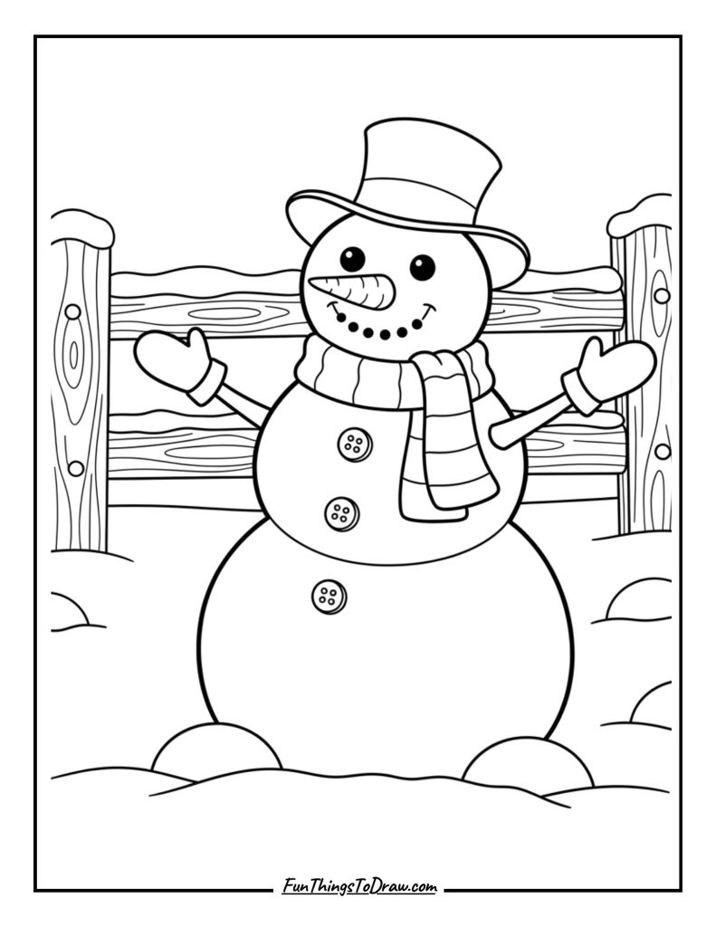 Snowman with a snow-covered fence in the background
