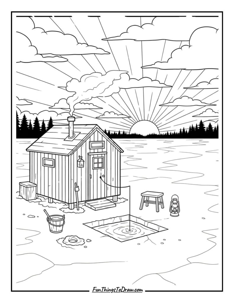 Ice fishing hut on lake