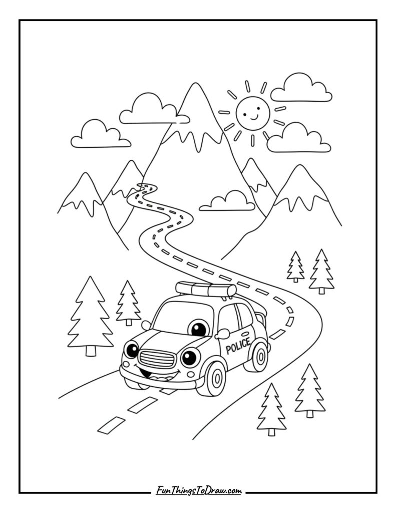 Police Car Driving Through Mountains