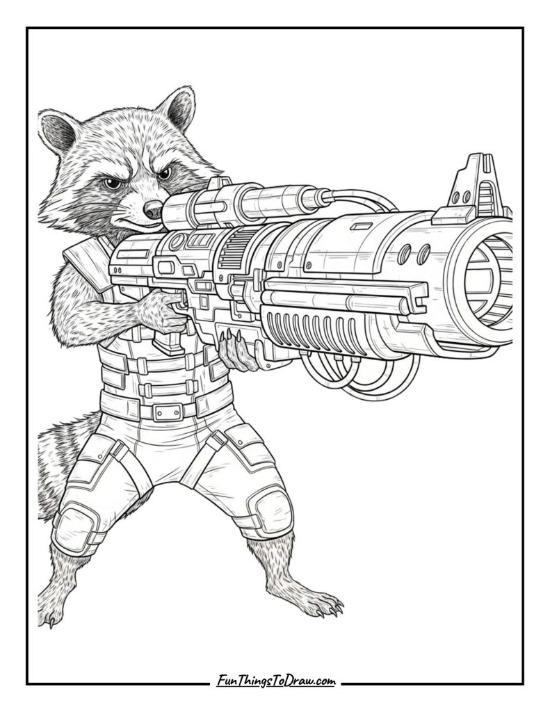 Rocket Raccoon aiming large blaster
