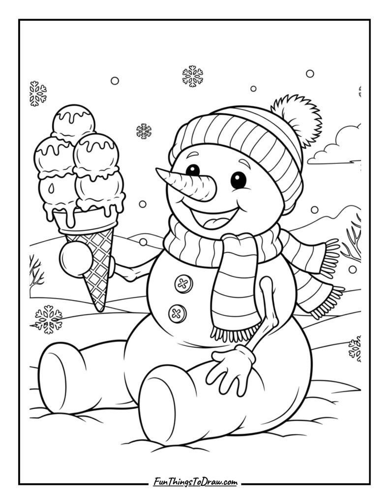 Snowman enjoying ice cream in the snow