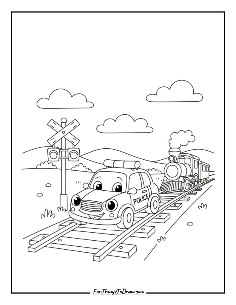 Police Car Crossing a Railroad