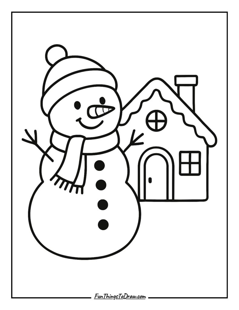 Snowman with a gingerbread house nearby