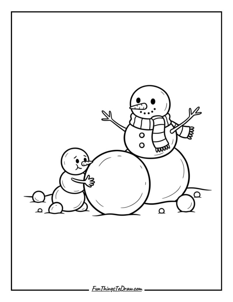 Baby snowman learning to roll snowballs
