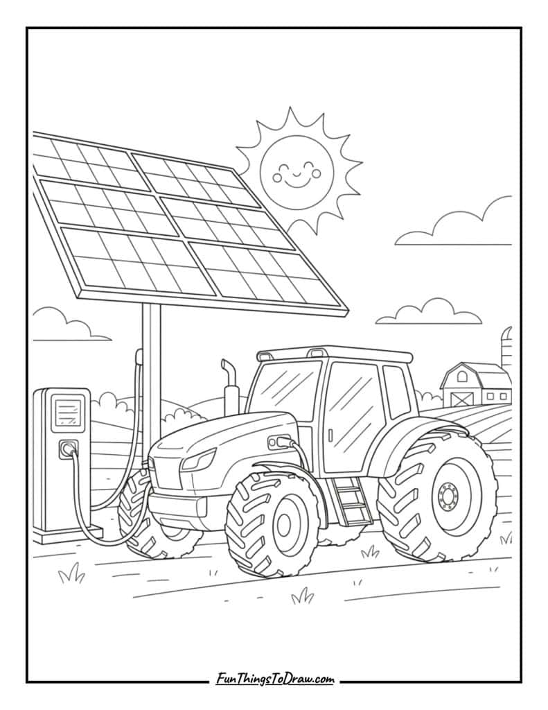 Electric tractor charging at solar-powered station