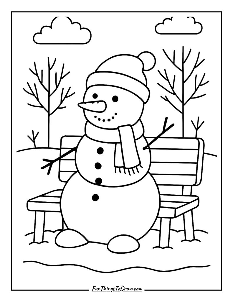 Snowman sitting on a wooden bench in the park