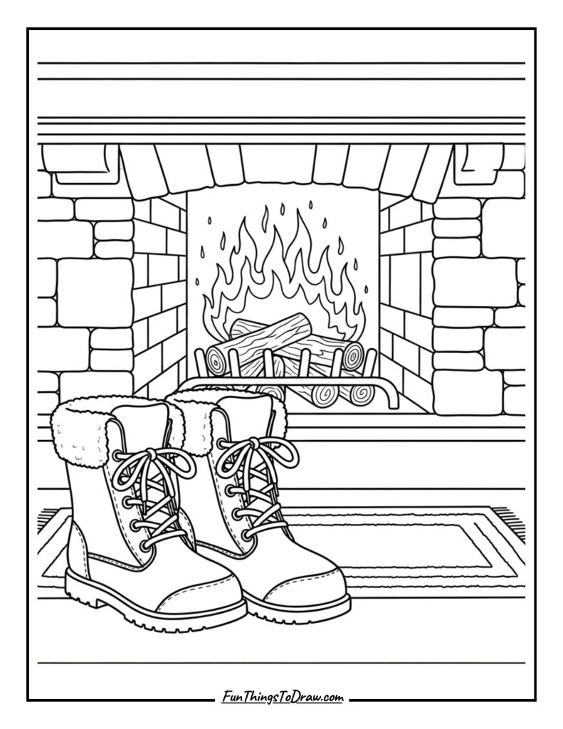 Winter boots by fireplace