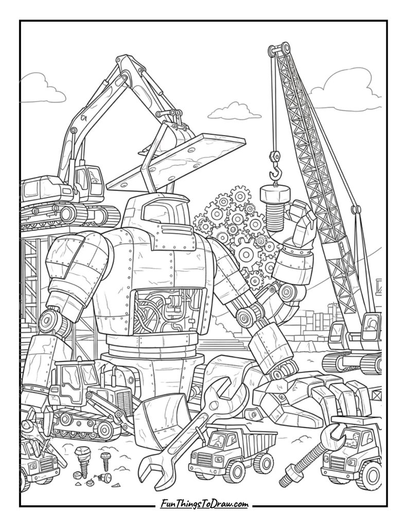 Construction Vehicles Build Giant Robot