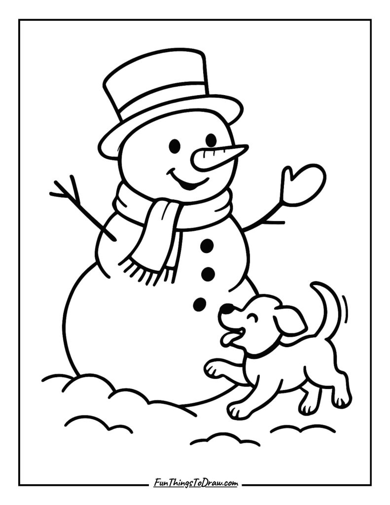 Snowman playing with a puppy in the snow