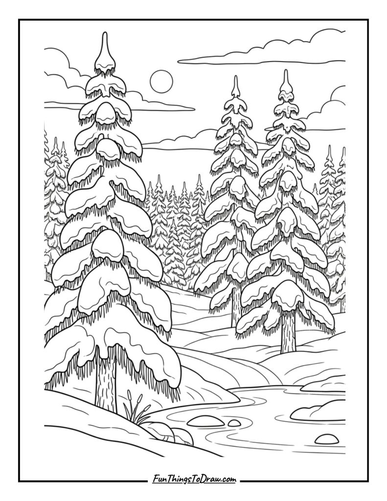 Pine trees heavy with snow