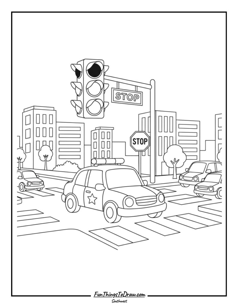  Police Car at a Traffic Light