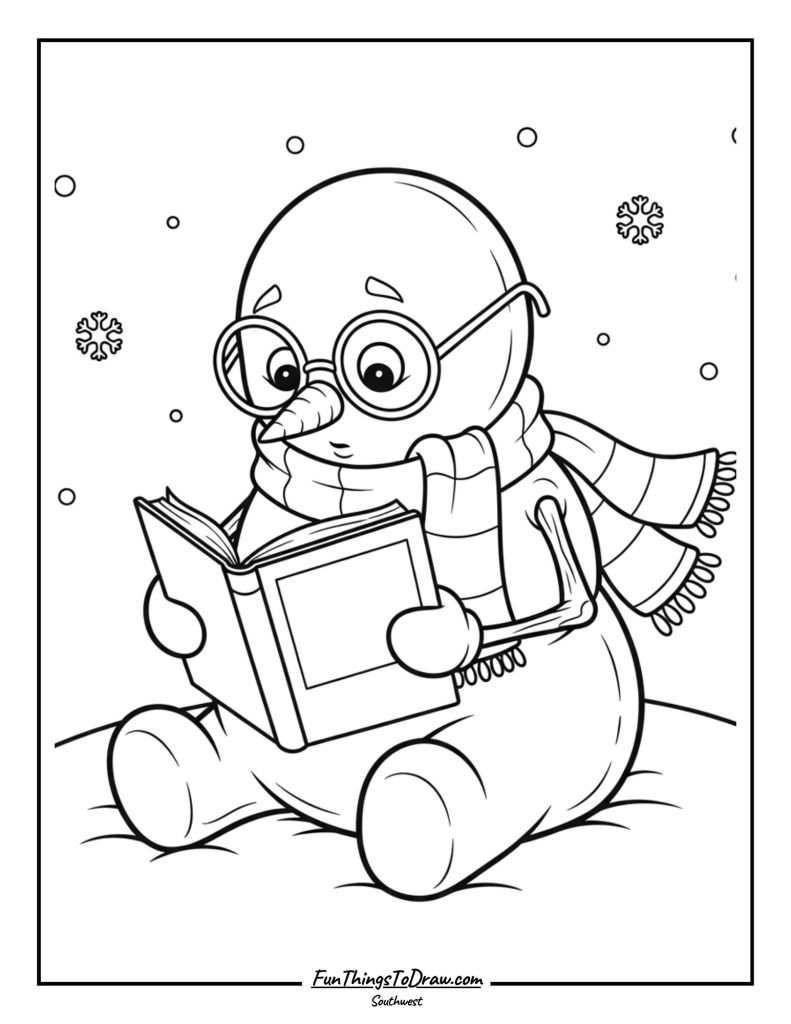 Snowman wearing glasses and reading a book